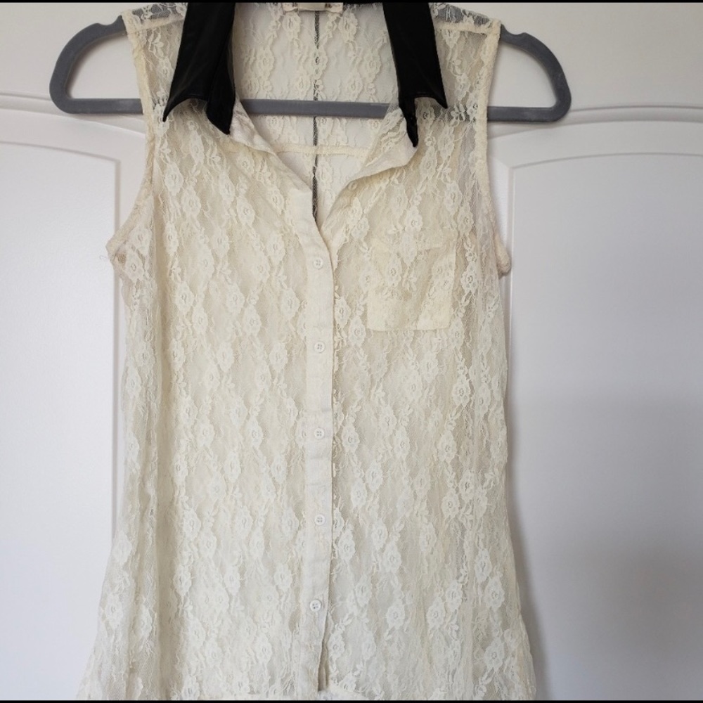 Belle Du Jour Lace Top with Faux Leather Collar